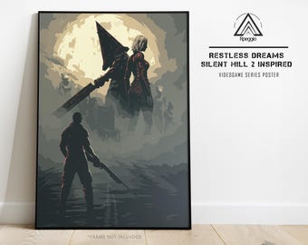 Silent Hill Restless Dreams Horror Poster, Man Facing Pyramid Head & Mysterious Woman, Foggy Town Moonlight Vector Wall Art Print
