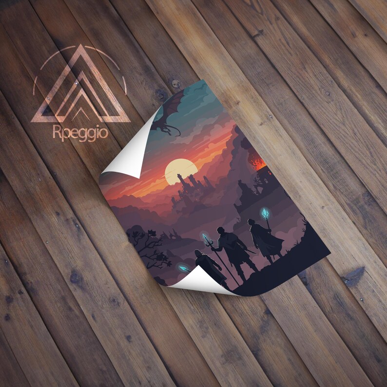 May include: A fantasy art print featuring a sunset over a mountainous landscape with silhouetted figures. The artwork includes a dragon, a castle, and figures holding glowing staffs. The print is titled "Rpeggio".