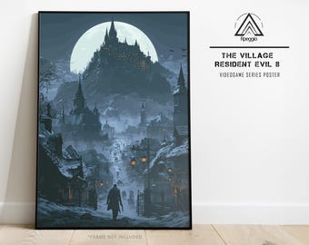 RE8 Village Inspired Poster – Lone Survivor Entering Snowy Village Beneath Castle – Gothic Horror Gaming Wall Art Print