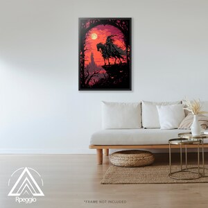 May include: A digital illustration of a black figure riding a black horse through a dark forest. The figure is wearing a long black cloak and a helmet. The background is a red and orange sunset with a full moon in the sky. The image is framed in black.