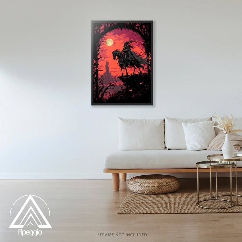 May include: A digital illustration of a black figure riding a black horse through a dark forest. The figure is wearing a long black cloak and a helmet. The background is a red and orange sunset with a full moon in the sky. The image is framed in black.