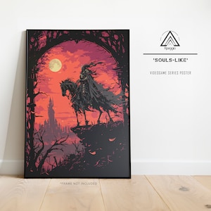 Souls Wie Fantasy Poster, Dark warrior Wandkunst, Rote Mond Landschaft, Souls Poster, Epische Fantasy Kunstdruck, Geschenke für Ihn, Gamer Wandkunst