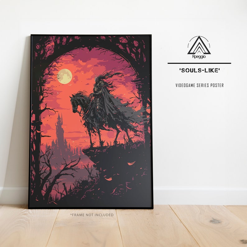 May include: A black and white illustration of a figure on horseback riding through a dark, gothic archway. The background is a red and orange sunset with a full moon. The text 'SOULS-LIKE' and 'VIDEOGAME SERIES POSTER' is at the top of the image.