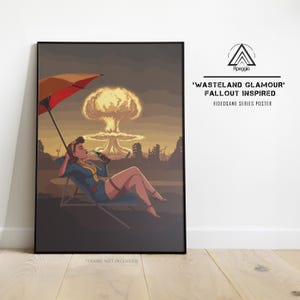 Wasteland Glamour Post-Apocalyptic Poster – Vault Girl Sunbathing with Soda – Retro Bombshell Style Wall Art Print