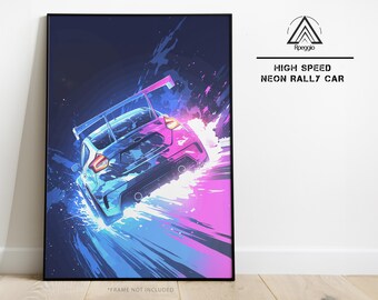 Neon Rally Car Poster, High Speed Vector Art, Synthwave Racing, 80s Retro Gaming Wall Art