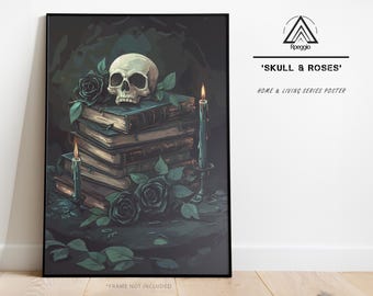 Skull and Black Roses Gothic Art Print, Macabre Halloween Decor