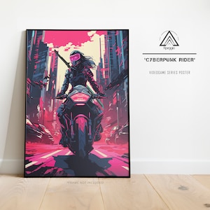 Cyberpunk Wall Art, Femme Fatale auf einem futuristischen Motorrad Poster, Cyberpunk 2077 inspirierte Wandkunst