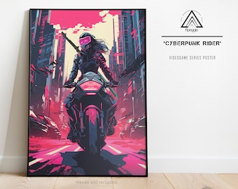 Cyberpunk Wall Art, Femme Fatale su una motocicletta futuristica Poster, arte murale ispirata a Cyberpunk 2077