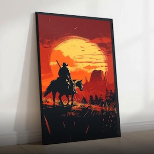 Könnte beinhalten: Ein gerahmter vertikaler Wandkunstdruck mit der Silhouette eines Cowboys auf einem Pferd vor einer großen, leuchtend gelben Sonne und einer tiefroten Wüstenlandschaft. Die Szene zeigt ferne Felsformationen, Bäume und hohes Gras.