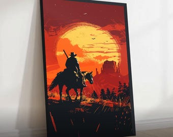 Western Cowboy Poster: Sunset Landscape, RDR Gamer Room Art