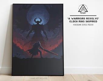 Póster de guerrero inspirado en Elden Ring, arte de videojuegos de fantasía oscura, decoración estilo Soulslike.