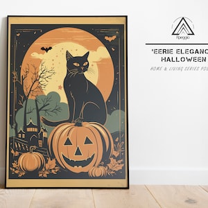 Halloween schwarze Katze, Fledermäuse und Kürbisse Poster | Gruselige Wanddekoration