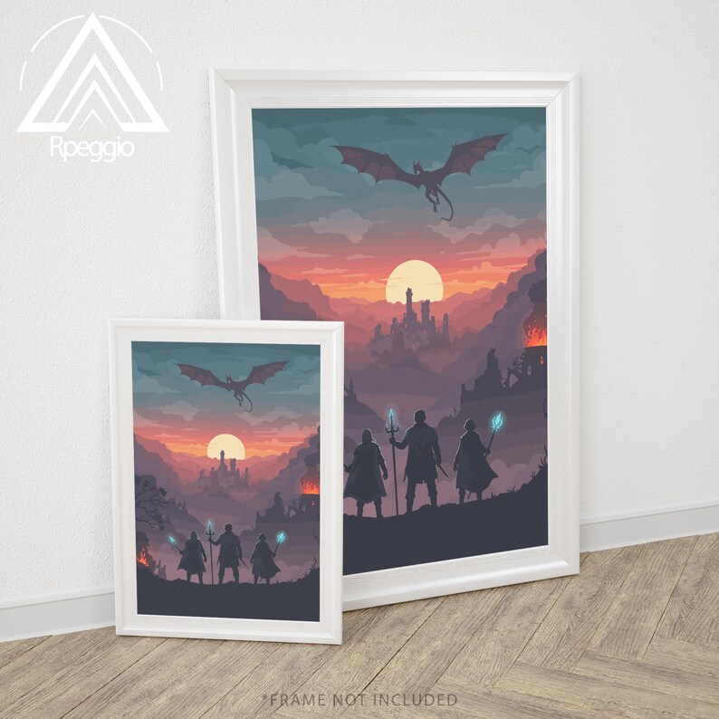 May include: Two framed art prints with a fantasy landscape scene. The artwork depicts a dragon flying over a castle at sunset, with figures in the foreground. The prints are in white frames and are displayed on a wooden floor.