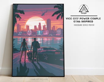 Vice City Crime Poster, Couple with Muscle Car at Sunset, Miami Skyline Vector Gaming Wall Art Print