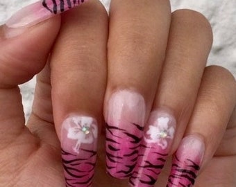 Hibiscus flower zebra print press on nails