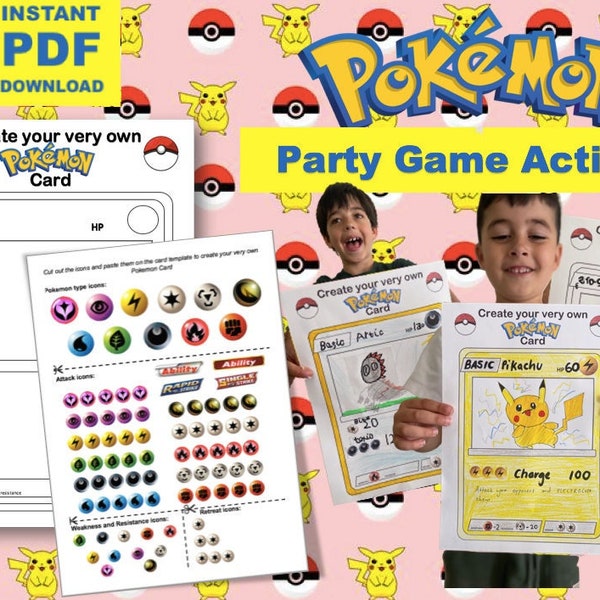 Pokemon Party Game Activity Craft Home School Exercise Custom Pokemon Card Party Favour Cut and Paste Create Imagine Design your own pokemon