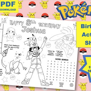 以下が含まれることがあります： 様々なアクティビティが楽しめる、白黒のポケモン誕生日アクティビティシート。迷路、点つなぎ、ワードサーチ、塗り絵が含まれています。A4（29.7cm x 21cm）またはA3（42cm x 29.7cm）サイズで利用可能です。