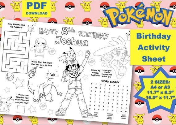 DIGITAL Pokemon Birthday Activity Page, Colouring Sheet, Place Mat, Birthday Craft, Print and Download - So easy, so fun!