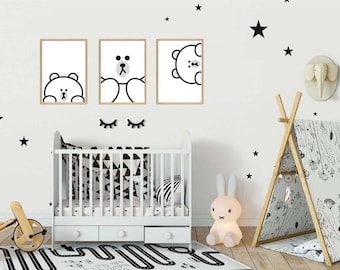 A4 or A3 Size Monochrome Kids Nursery Print - Cute Bear Children's Printable - Kid's Bedroom Wall Art - Scandi, Minimalist, Black & White