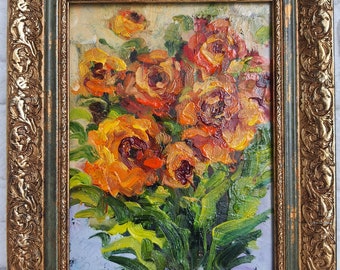 Marigold Oil Painting Floral Original Art 6×8 Flower Impasto Small Artwork Vivid Impressionist Art Semi Abstract Painting