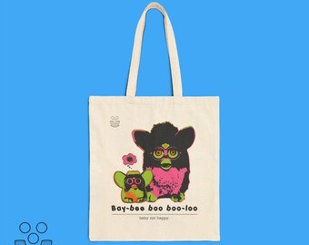 Learn Furbish · "Baby Not Happy" · Cotton Canvas Tote Bag · Retro 90s Furby Toy Design by macaroni and peas