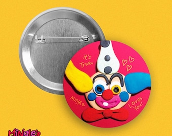 Mingle Loves You, Pinback Button, 1", playful clay clown design by Mingle's House