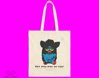 Learn Furbish · "Me Love You!" · Cotton Canvas Tote Bag · Retro 90s Furby Toy Design by macaroni & peas