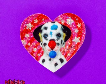 B(ai)by Mingle heart-shaped glitter vinyl sticker, 3", weird artificial intelligence clown holographic design by Mingle's House