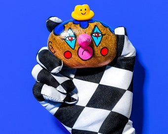 Pebblins: Choo-Choo, colorful wacky handmade pet rock clown by Mingle's House