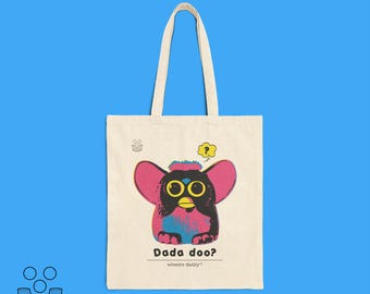 Learn Furbish · "Where's Daddy?" · Cotton Canvas Tote Bag · Retro 90s Furby Toy Design by macaroni & peas