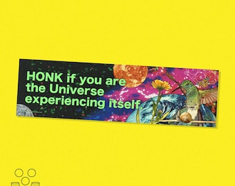 Honk If You Are The Universe Experiencing Itself, Bumper Sticker 11x3", funny silly esoteric bumper sticker design by macaroni & peas