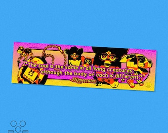 May include: A pink and yellow banner with a quote from Hippocrates that reads "The soul is the same in all living creatures, although the body of each is different." The banner features a cartoon image of a furry creature with large eyes and a bright yellow body.