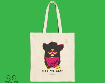 Learn Furbish · "Tickle Me!" · Cotton Canvas Tote Bag · Retro 90s Furby Toy Design by macaroni & peas