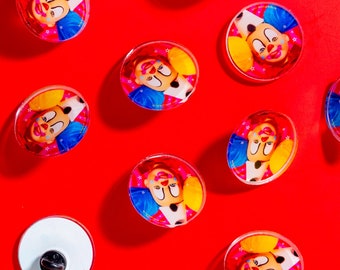 Mingle Kisses, Acrylic Pinback Button, 1.25", colorful clowncore design by Mingle's House
