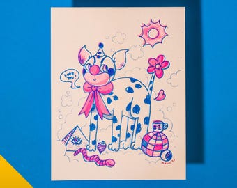 Mingle Loves You! Risograph Print, 8.5"x11", cheerful clown dog illustration by Mingle's House