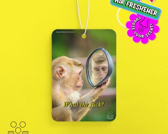 WTF Monkey in a mirror, Scented Car Air Freshener *Choose Your Fragrance* funny random humor design by macaroni & peas