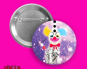 Interplanetary Mingle, Pinback Button, 1", colorful cute clown dog design by Mingle's House