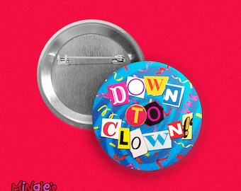 Down To Clown, Pinback Button, 1", colorful clowncore design by Mingle's House