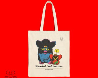 Learn Furbish · "Tell Me A Joke!" · Cotton Canvas Tote Bag · Retro 90s Furby Toy Design by macaroni & peas