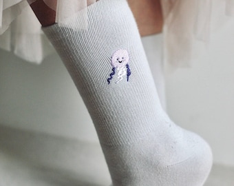 Jelly-Chan Casual Crew Length Socks, sea animal collection, kawaii Japanese Style, colorful socks with embroidery, high quality materials