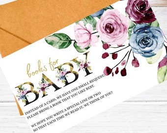 Libros florales para tarjetas de bebé para invitación de baby shower, Baby Shower para niña, Imprimible, Baby Shower rosa claro, Traiga una tarjeta de libro,
