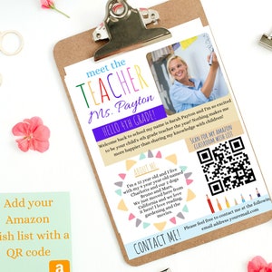 Plantilla editable Conozca al maestro Carta de bienvenida de regreso a clases Nota para el maestro del primer día de clases Código QR Lista de deseos de Amazon Plantilla para maestros