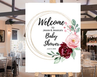 Rose Gold Boho Editable Welcome Sign, Pink Floral Baby Shower Sign Template,