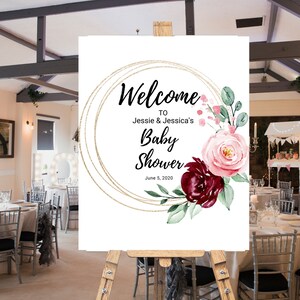 Rose Gold Boho Editable Welcome Sign, Pink Floral Baby Shower Sign Template,