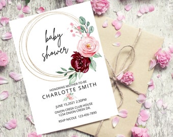Blush Pink Floral Baby Shower Invitation, Gold Design (Instant Download)