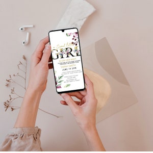 May include: A digital invitation for a baby shower with a floral design and gold lettering. The text reads "a Sweet little GIRL is on her way!" and includes the date, time, and location of the event. RSVP information and registry details are also included.