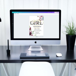 May include: A digital invitation for a baby shower with a floral design. The text reads "Sweet Little Girl is on her way!" and includes the name "Sarah Smith" and the date "June 14 3PM".