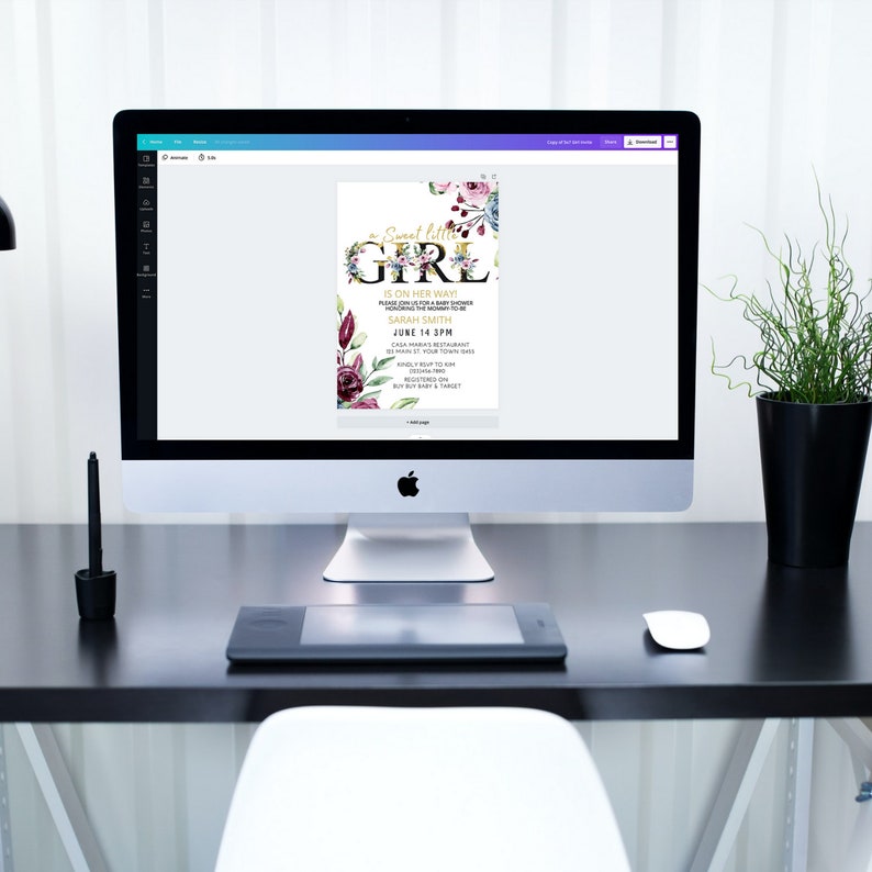 May include: A digital invitation for a baby shower with a floral design. The text reads "Sweet Little Girl is on her way!" and includes the name "Sarah Smith" and the date "June 14 3PM".