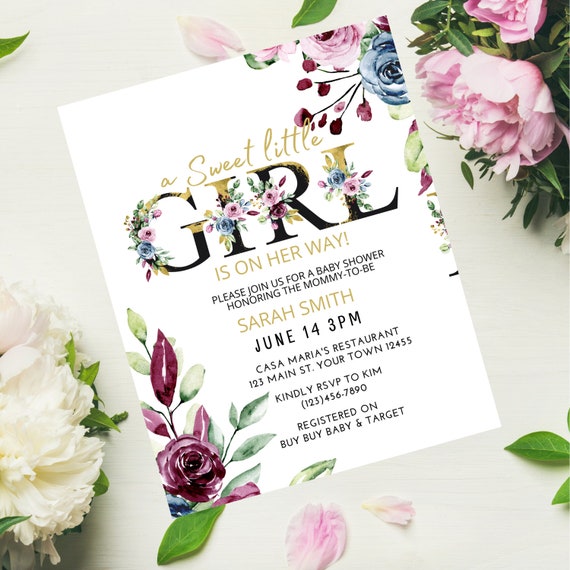 Floral Baby Girl Shower Invitation, Editable Invite (Instant Download)