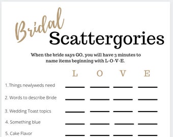 Bridal Scattergories, Bridal Shower games, Shower games